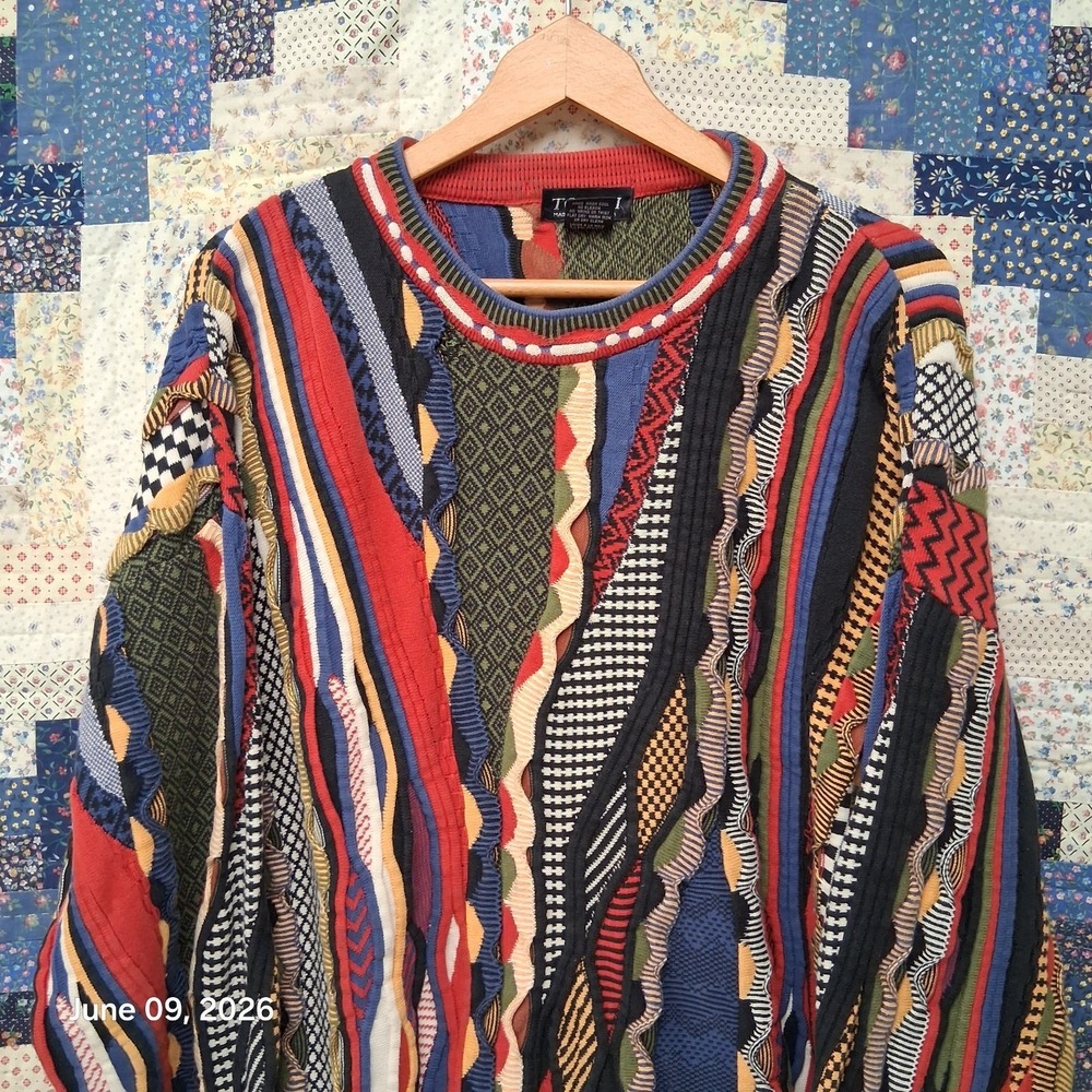 Vintage 90s Tosani 3D Knit Sweater Coogi Style Multi Color Textured Large Cotton - Picture 2 of 9